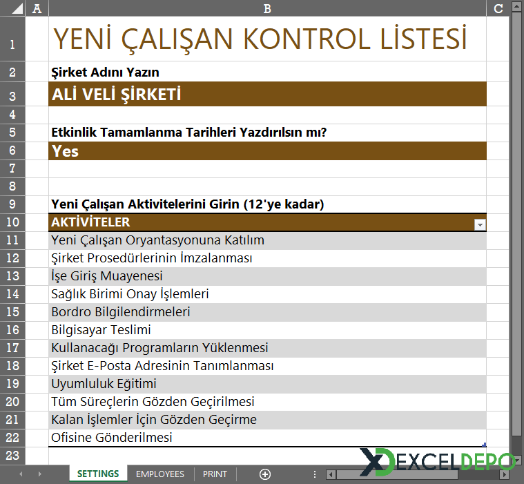 Excel ile Yeni Çalışan Kontrol Listesi