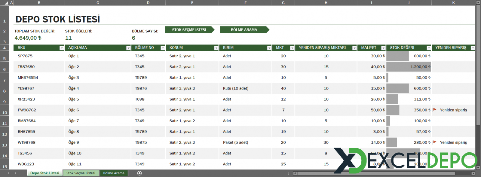 Depo Excel Tablosu