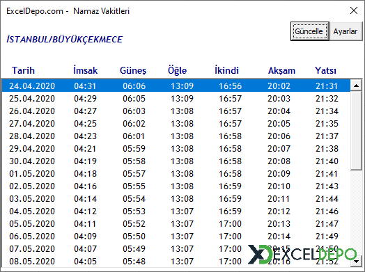 Excel İmsakiye 2020
