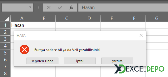 Excel hücresine sadece istediğim karakterler yazılabilsin