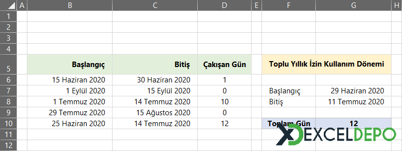 Toplu Yıllık İzin Dönemine Denk Gelen Günleri Bulma
