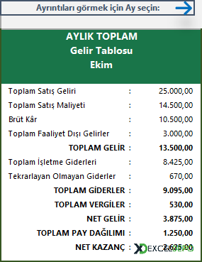 Aylık Toplam Gelir ve Gider Tablosu