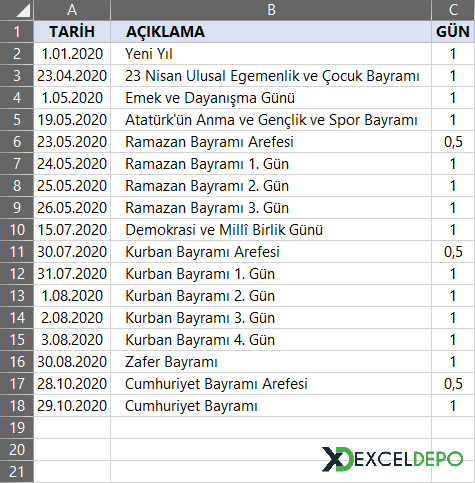 Tatil Tablosu