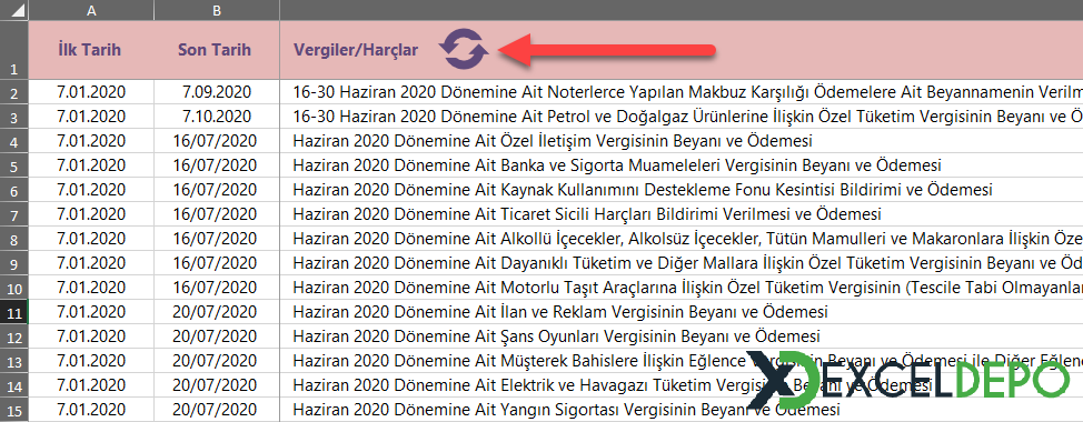 Vergi Takvimini Excel'e Listeleme