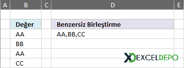 Birden Fazla Değeri Aynı Hücrede Benzersiz Birleştirme