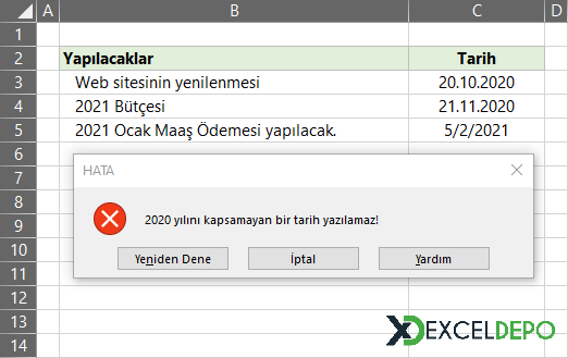 Veri Doğrulama ile Hücrede Yıl Kontrolü
