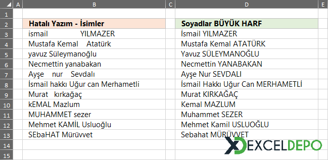 Excel Ad Soyad Soyad Büyük Harf