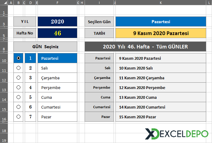 Excel ile Haftanın İlk Gününü Bulma