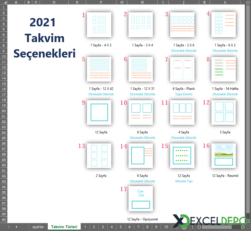 2021 Yılı Excel Takvimi