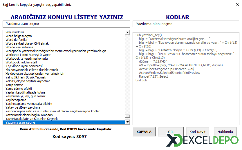 Excel Kod Arşivi