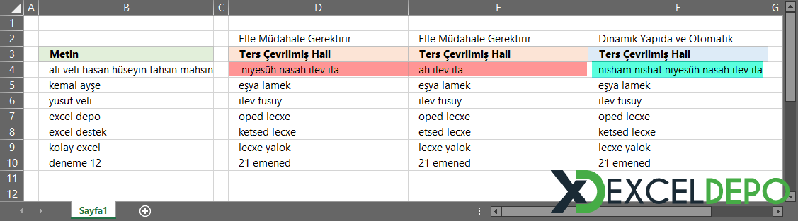 Excel Formülleri ile Tersten Yazdırma