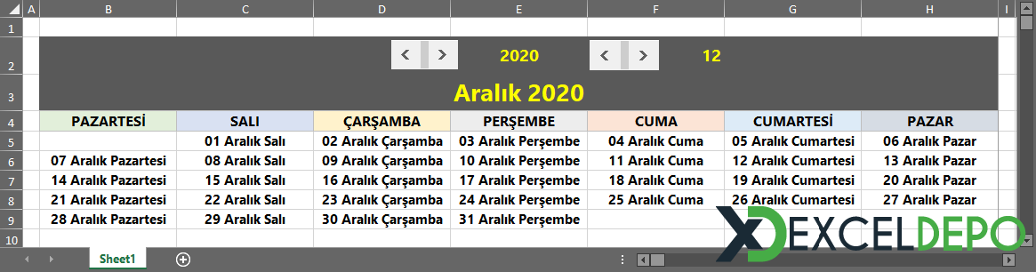 Excel Hazır Takvim