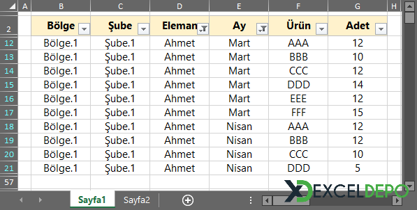 Filtrelenmiş Sayfalarda İşlemler Yapma Veri Tablosu