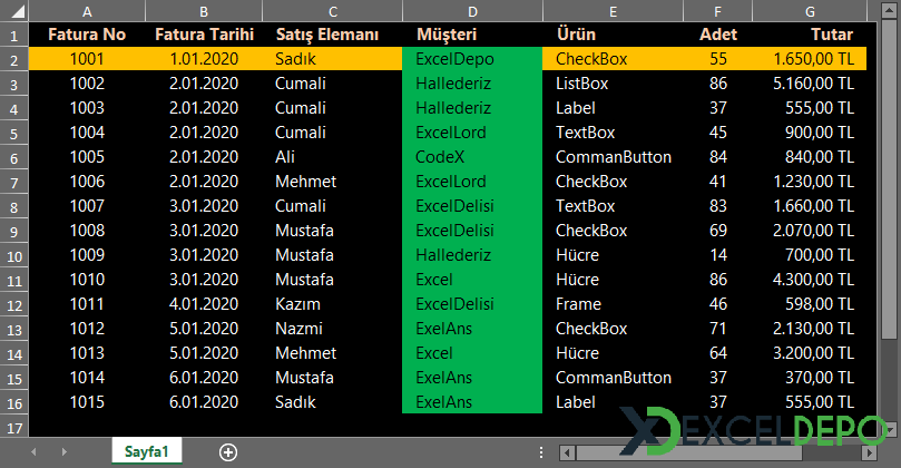 Aktif Olan Satır ve Sütunun Renklendirilmesi