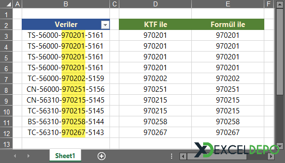 Excel Hücre İçinden Kelime Alma