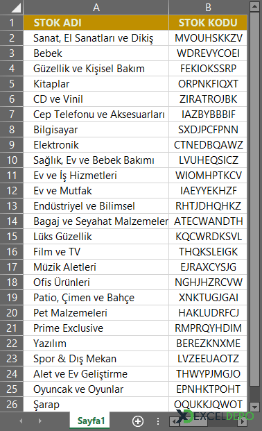 Excel Ürün Kodu Oluşturma