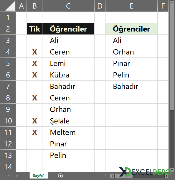 Bir Listede Yer Almıyorsa Çarpı Atma Bir Listede Yer Almıyorsa Çarpı Atma