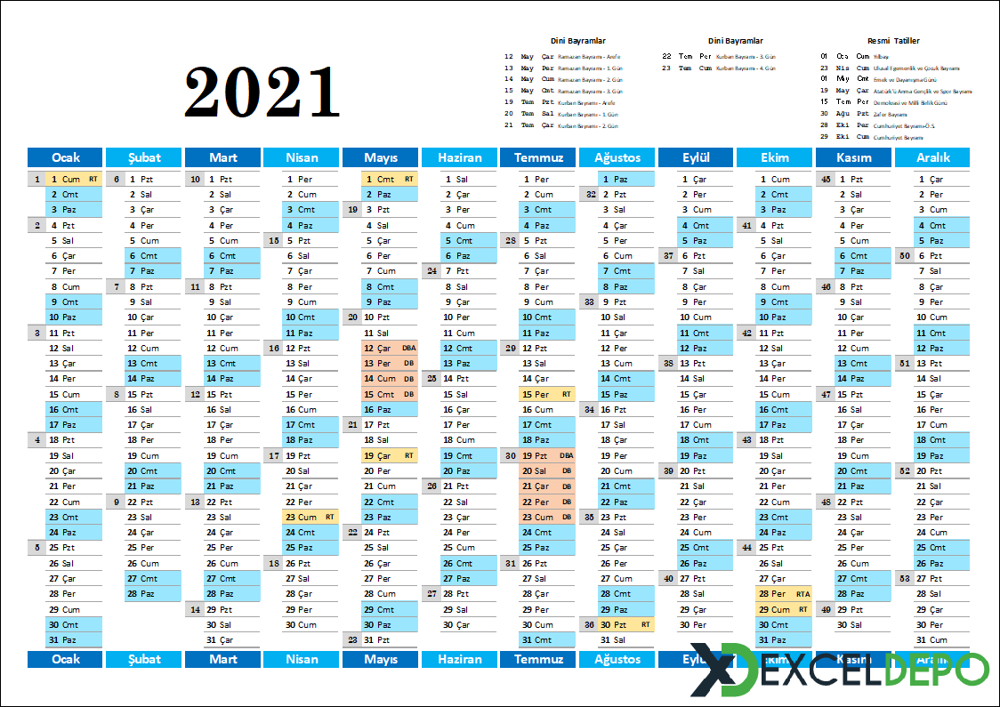 Yazdırılabilir Excel Takvimi