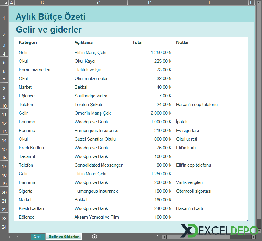 Gelir Gider Excel Şablon