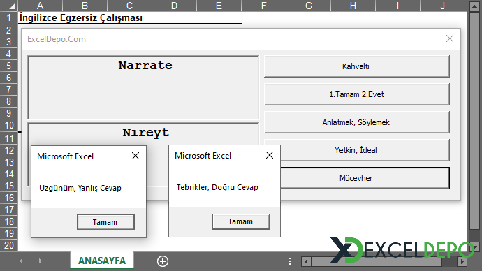 Excel ile İngilizce Kelime Egzersizi Excel ile İngilizce Kelime Egzersizi