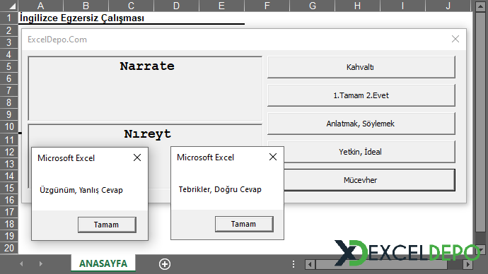 Excel ile İngilizce Kelime Egzersizi