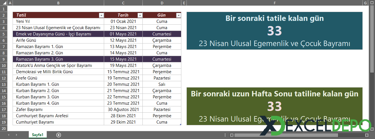 Excel ile 2021 Tatil Günleri Takibi Excel ile 2021 Tatil Günleri Takibi