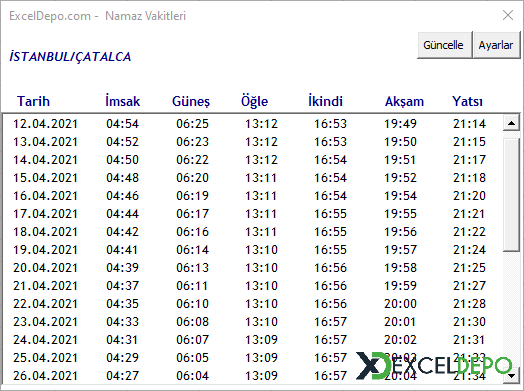 Excel İmsakiye 2022 Excel İmsakiye 2022