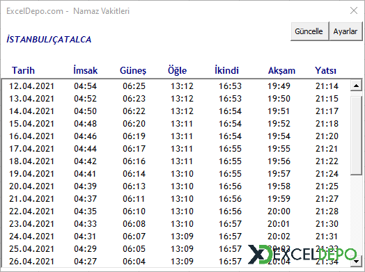 Excel İmsakiye 2022