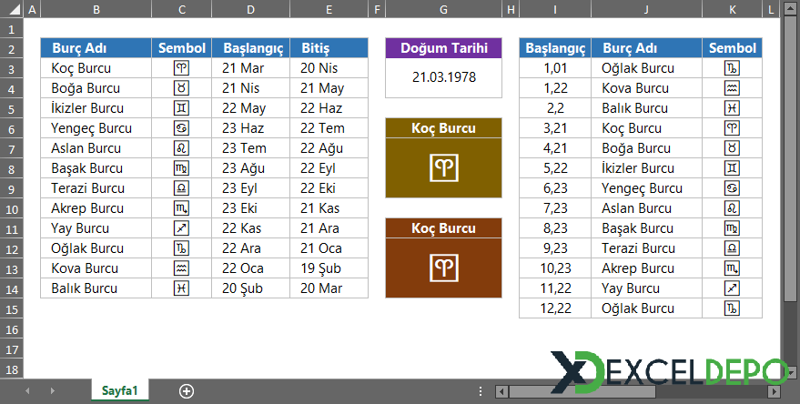 Excel Formülleri ile Burç Bulma Excel Formülleri ile Burç Bulma