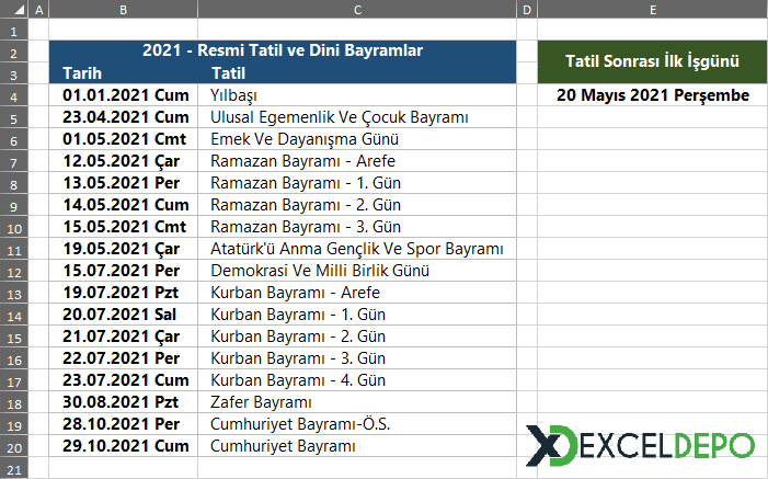 Resmi Tatil Sonrasındaki İlk işgününü Bulma Resmi Tatil Sonrasındaki İlk işgününü Bulma