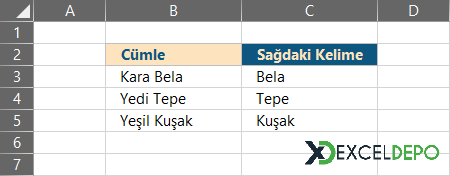 İki Kelimeli Hücrelerin Sağındaki Kelimeyi Alma