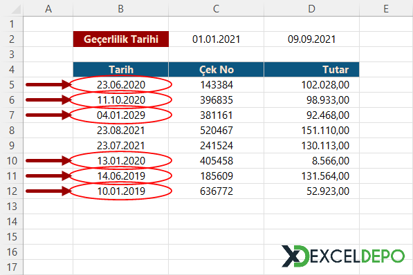 Kriter Dışında Kalan Tarihlerin Daire İçine Alınması Kriter Dışında Kalan Tarihlerin Daire İçine Alınması